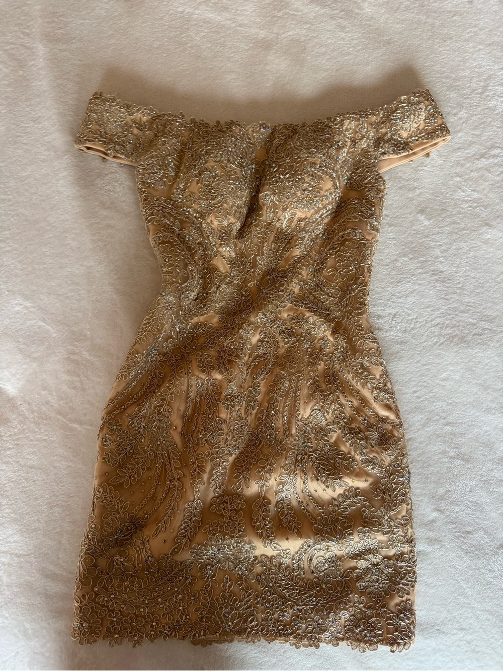 Mori Lee Off-Shoulder Gold Sequined Cocktail Dress